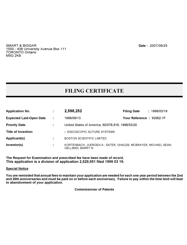 Document de brevet canadien 2598252. Correspondance 20070925. Image 1 de 1