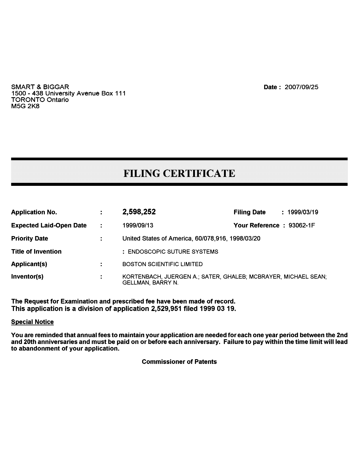 Canadian Patent Document 2598252. Correspondence 20070925. Image 1 of 1
