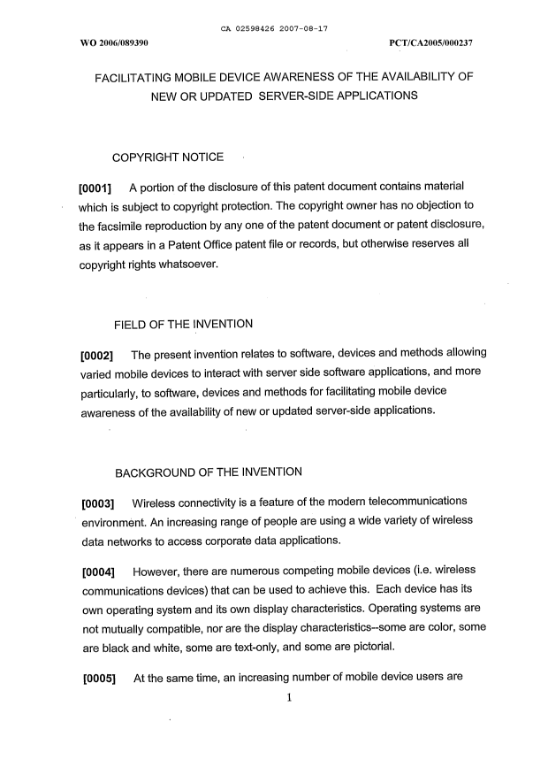 Canadian Patent Document 2598426. Description 20100406. Image 1 of 34