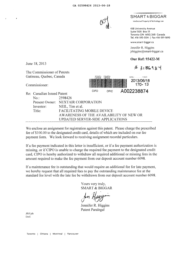 Document de brevet canadien 2598426. Cession 20130618. Image 1 de 11