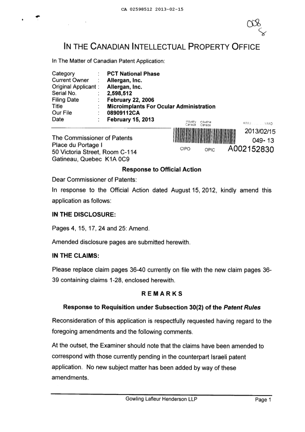 Canadian Patent Document 2598512. Prosecution-Amendment 20130215. Image 1 of 13