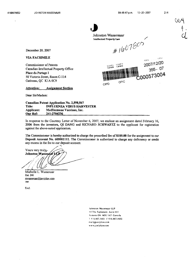 Document de brevet canadien 2598567. Cession 20071220. Image 1 de 4