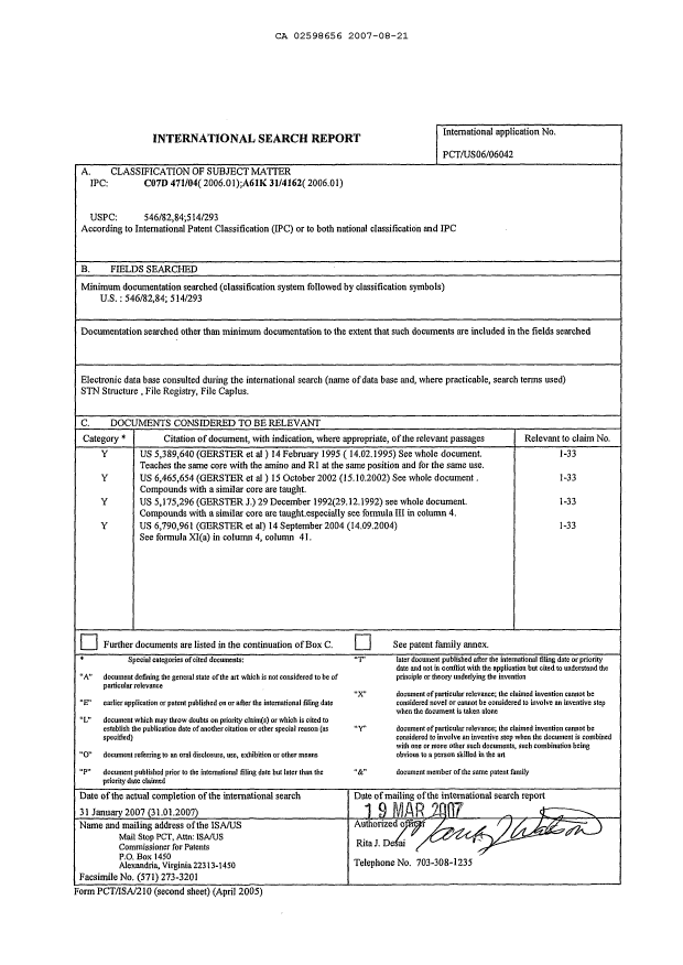 Document de brevet canadien 2598656. PCT 20070821. Image 1 de 3