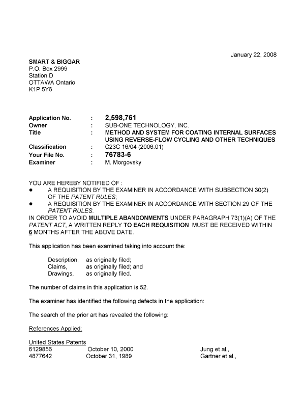 Canadian Patent Document 2598761. Prosecution-Amendment 20080122. Image 1 of 5