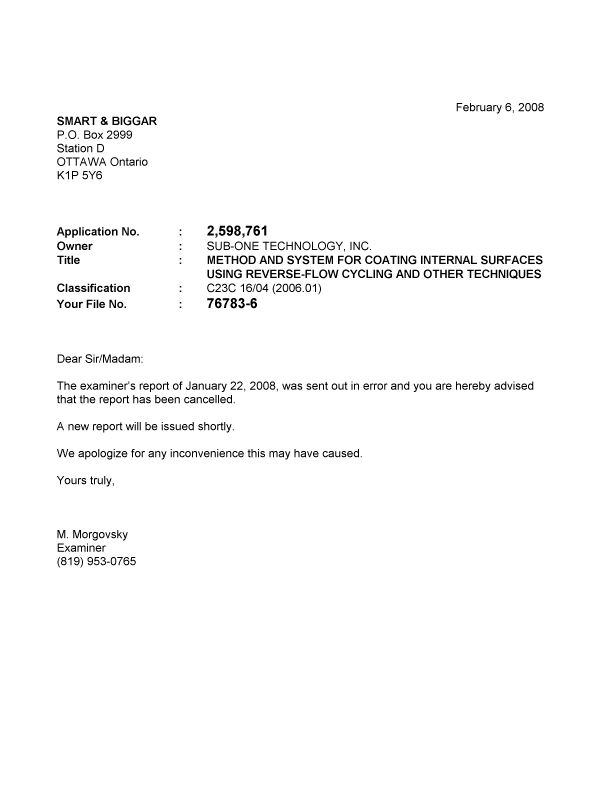 Document de brevet canadien 2598761. Correspondance 20080206. Image 1 de 1