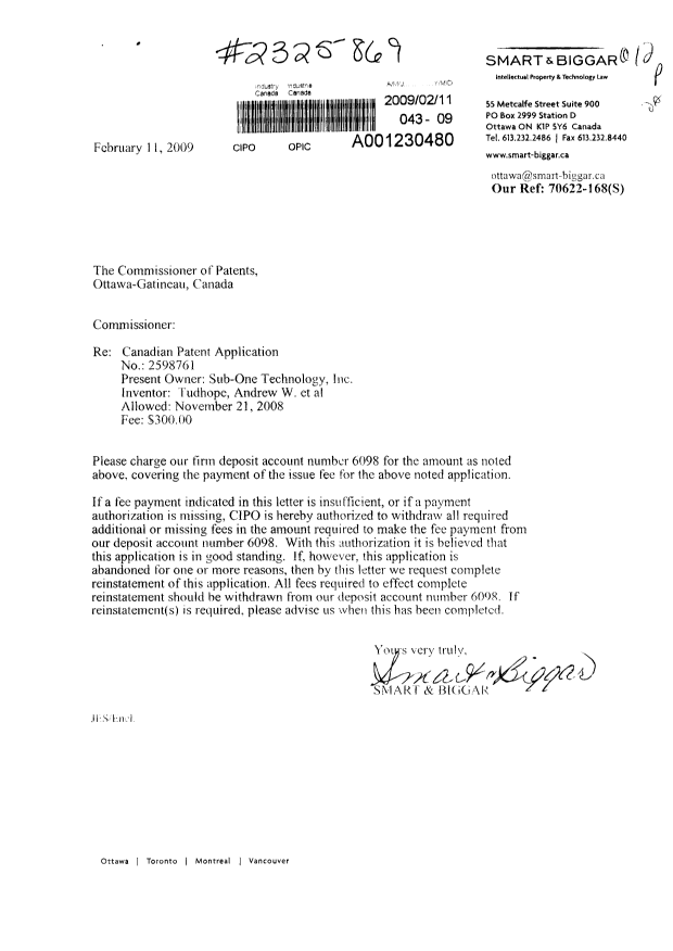 Canadian Patent Document 2598761. Correspondence 20090211. Image 1 of 1