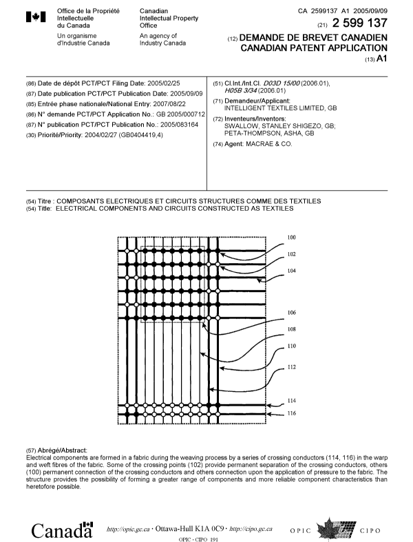 Document de brevet canadien 2599137. Page couverture 20071108. Image 1 de 1