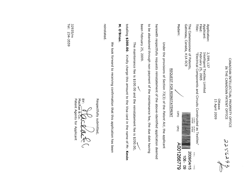 Canadian Patent Document 2599137. Fees 20090415. Image 1 of 1