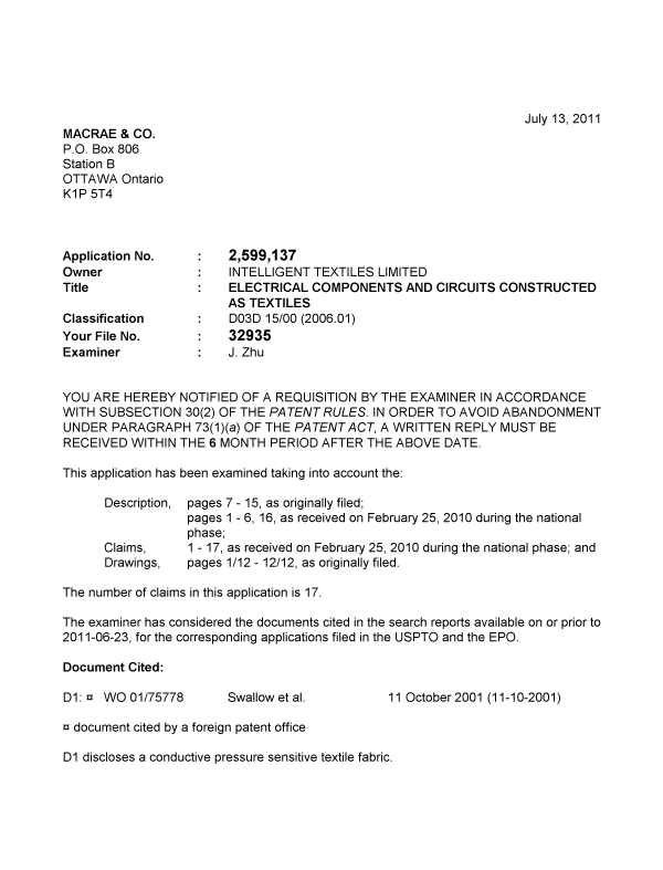 Canadian Patent Document 2599137. Prosecution-Amendment 20110713. Image 1 of 3