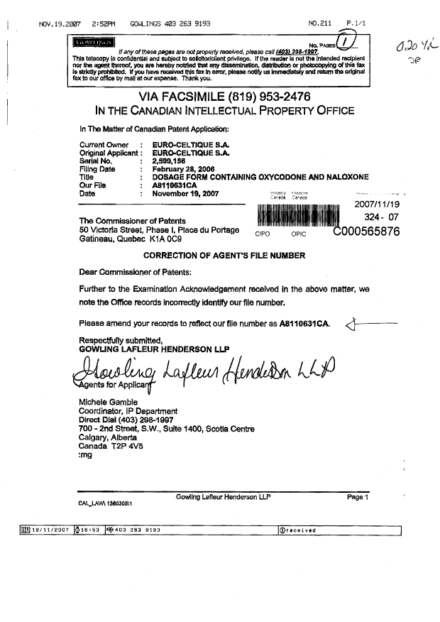 Document de brevet canadien 2599156. Correspondance 20071119. Image 1 de 1