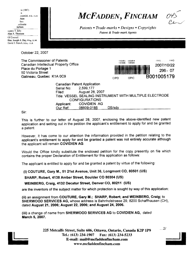 Document de brevet canadien 2599177. Correspondance 20071022. Image 1 de 3