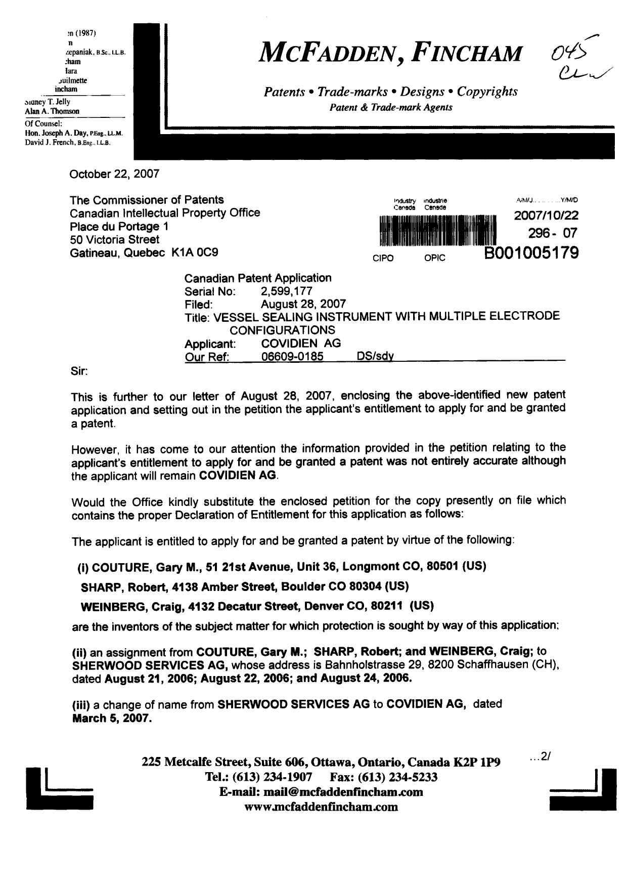 Document de brevet canadien 2599177. Correspondance 20071022. Image 1 de 3