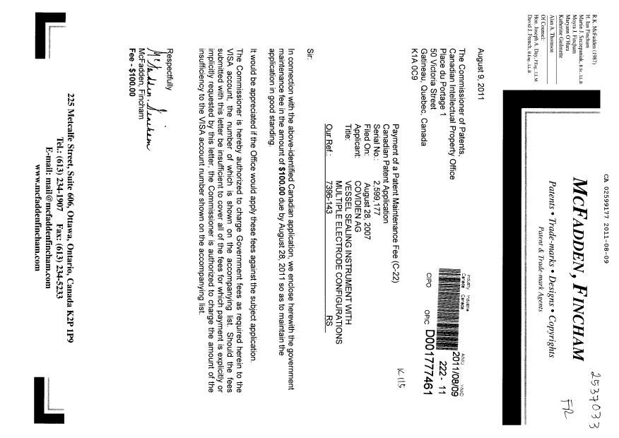 Document de brevet canadien 2599177. Taxes 20101209. Image 1 de 1