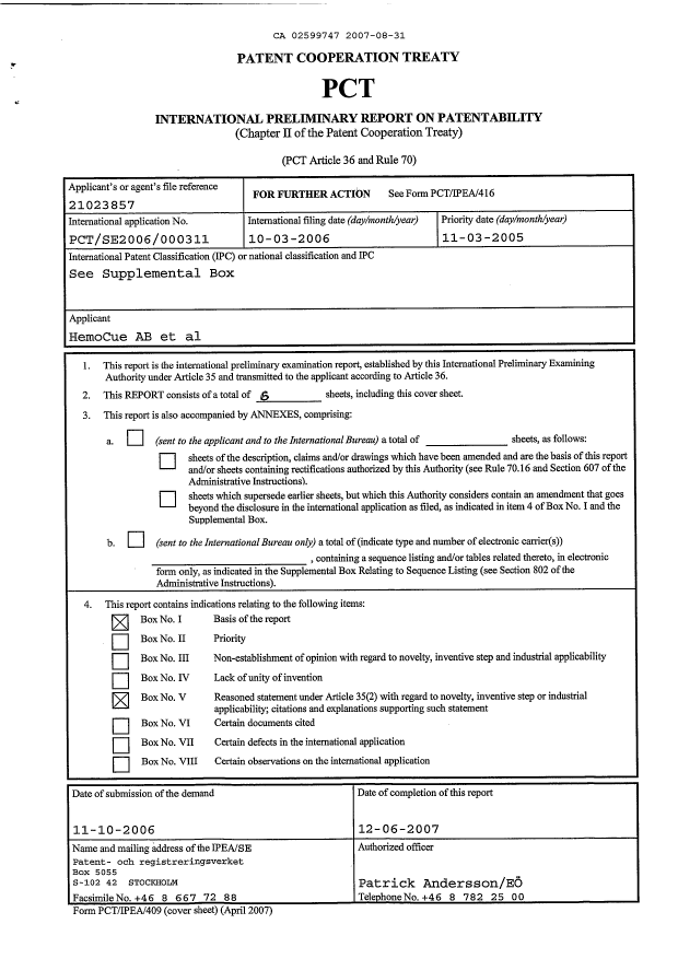 Document de brevet canadien 2599747. PCT 20070831. Image 1 de 6