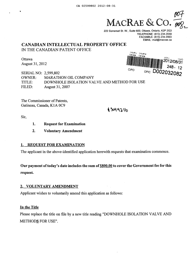 Canadian Patent Document 2599802. Prosecution-Amendment 20111231. Image 1 of 2