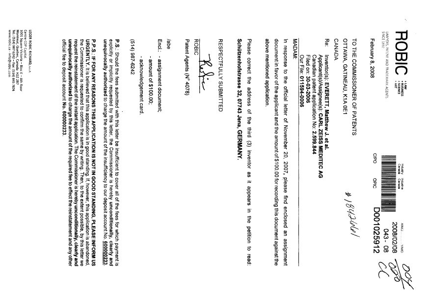 Canadian Patent Document 2599844. Assignment 20080208. Image 1 of 3