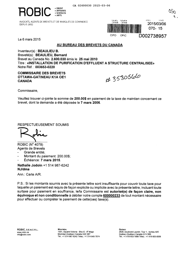 Document de brevet canadien 2600030. Taxes 20150306. Image 1 de 1