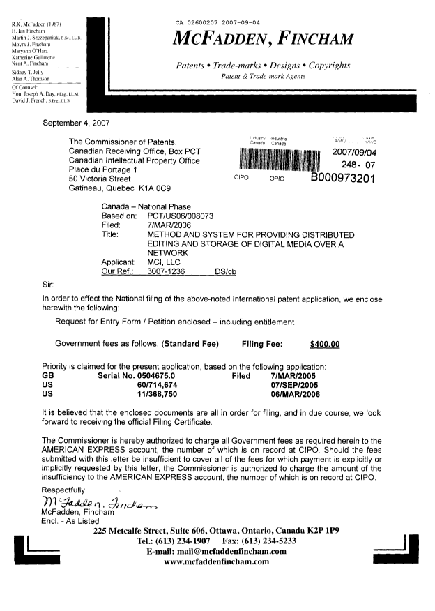 Document de brevet canadien 2600207. Cession 20070904. Image 1 de 2