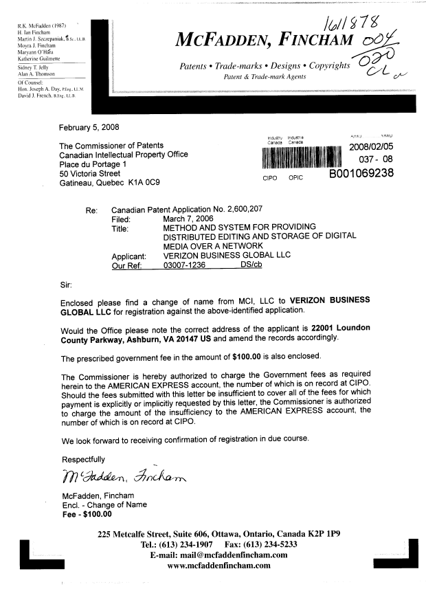 Document de brevet canadien 2600207. Cession 20080205. Image 1 de 5