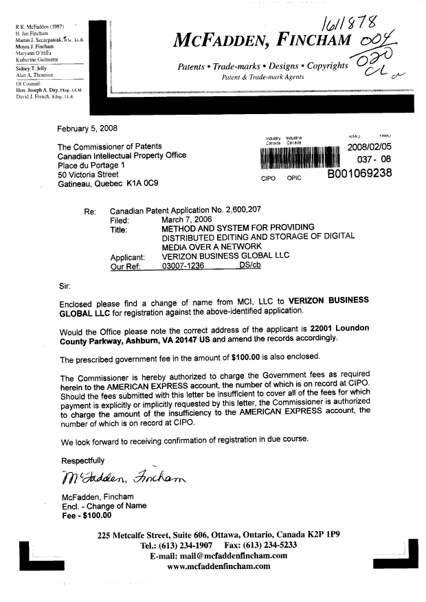 Document de brevet canadien 2600207. Correspondance 20080205. Image 1 de 1