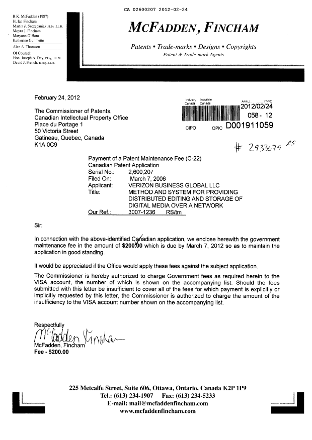 Document de brevet canadien 2600207. Taxes 20120224. Image 1 de 1