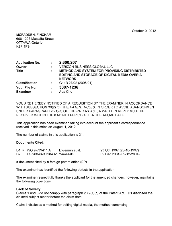 Document de brevet canadien 2600207. Poursuite-Amendment 20121009. Image 1 de 3
