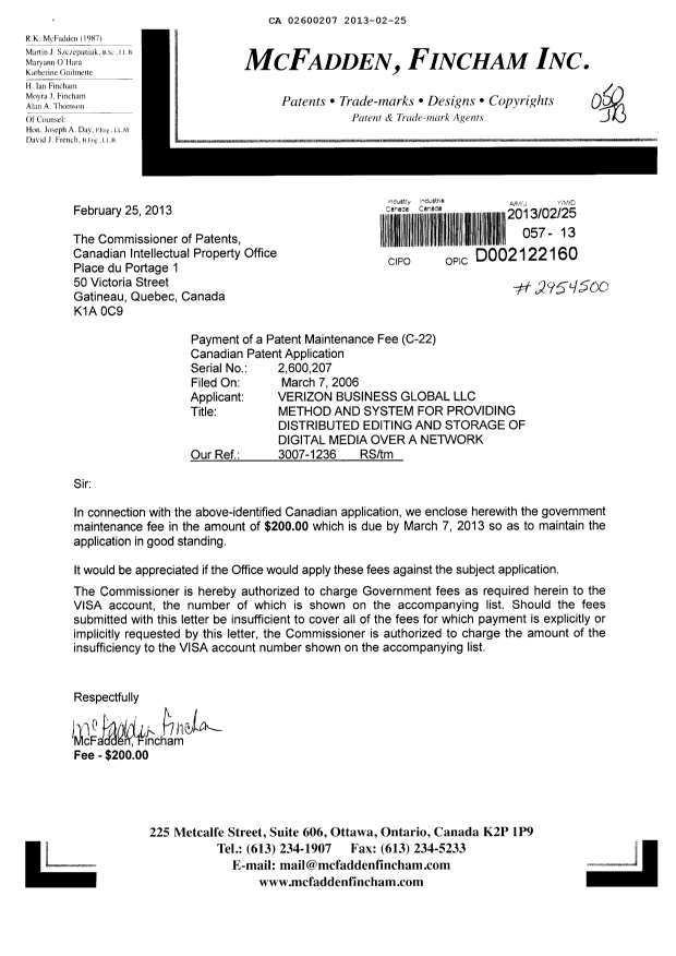 Document de brevet canadien 2600207. Taxes 20130225. Image 1 de 1