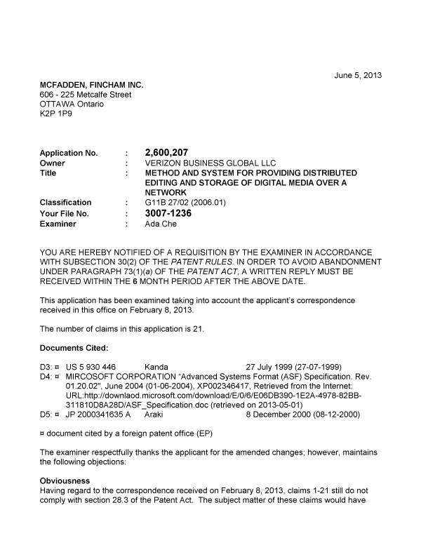 Document de brevet canadien 2600207. Poursuite-Amendment 20130605. Image 1 de 4
