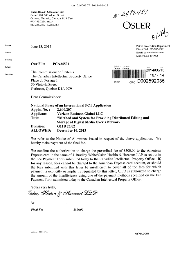 Document de brevet canadien 2600207. Correspondance 20140613. Image 1 de 1