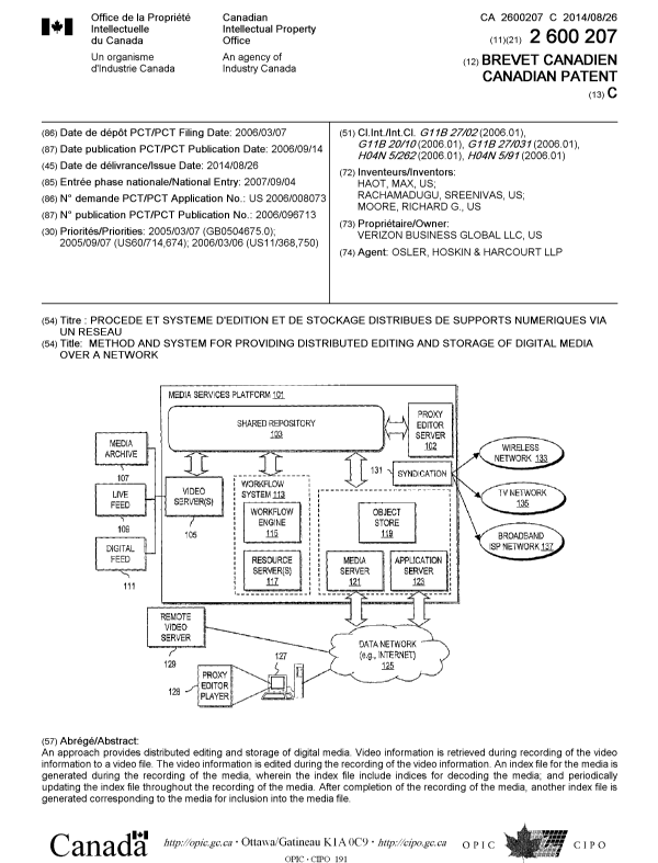 Document de brevet canadien 2600207. Page couverture 20140731. Image 1 de 1