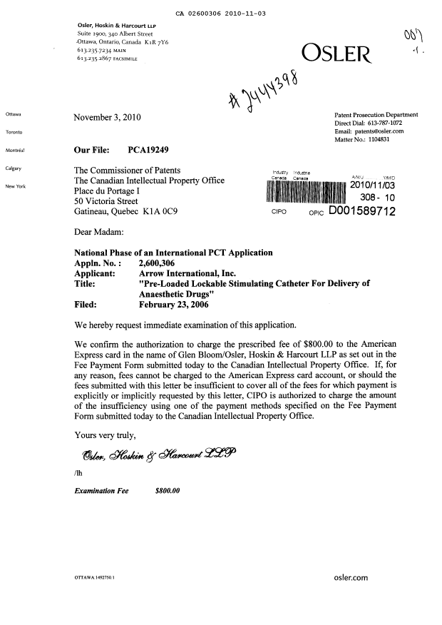 Canadian Patent Document 2600306. Prosecution-Amendment 20101103. Image 1 of 1