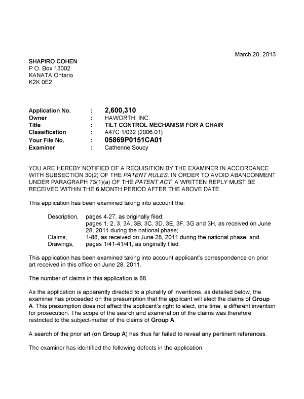 Document de brevet canadien 2600310. Poursuite-Amendment 20130320. Image 1 de 2