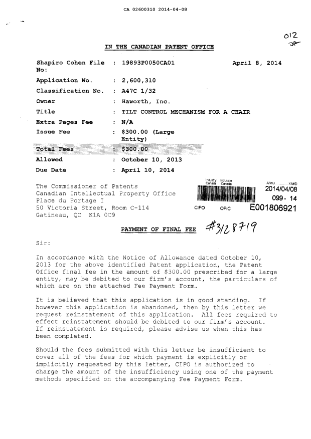 Canadian Patent Document 2600310. Correspondence 20131208. Image 1 of 2