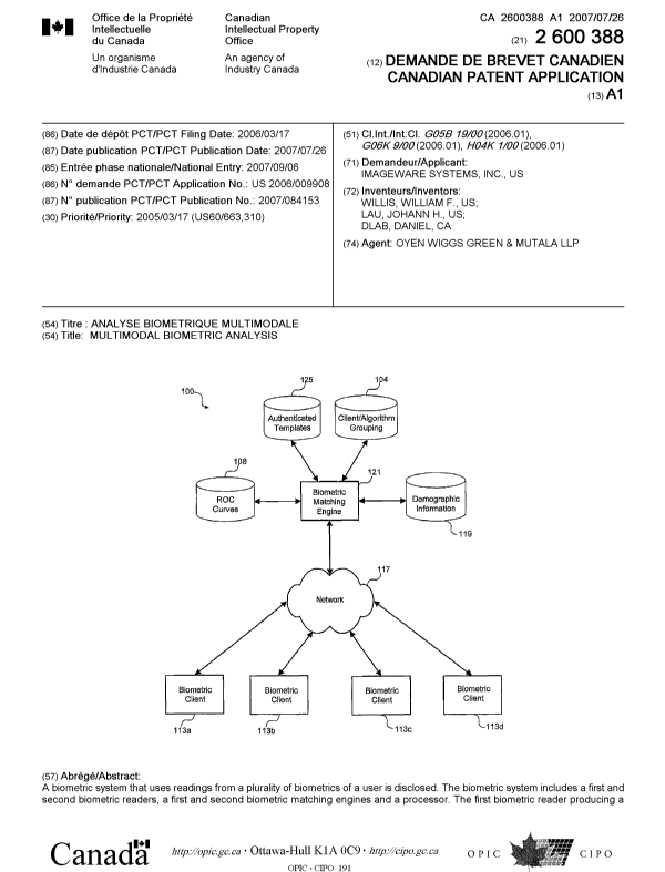 Document de brevet canadien 2600388. Page couverture 20061223. Image 1 de 2