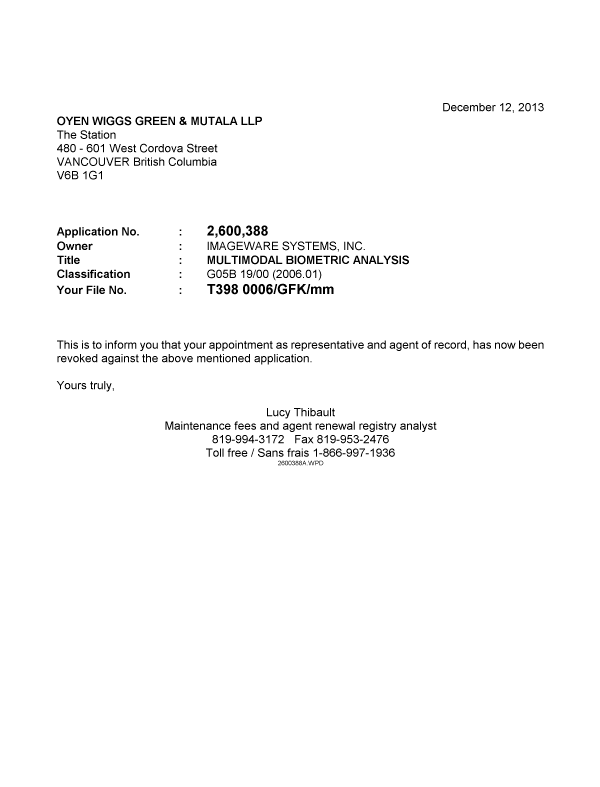 Document de brevet canadien 2600388. Correspondance 20121212. Image 1 de 1