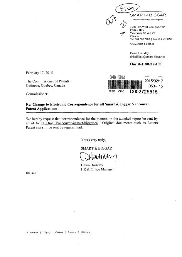 Document de brevet canadien 2600388. Correspondance 20141217. Image 1 de 4