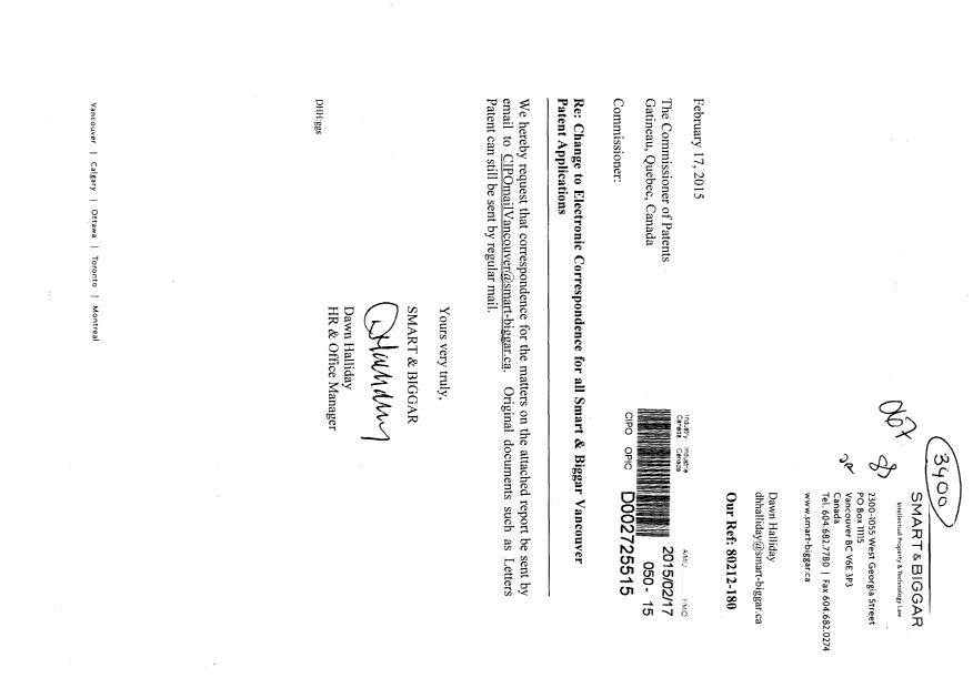 Document de brevet canadien 2600388. Correspondance 20141217. Image 1 de 4