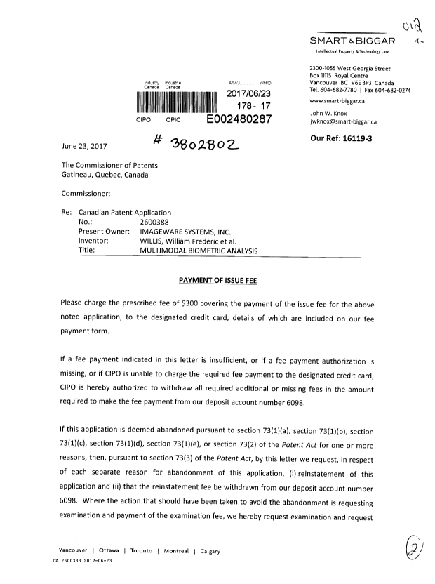 Document de brevet canadien 2600388. Correspondance 20161223. Image 1 de 2