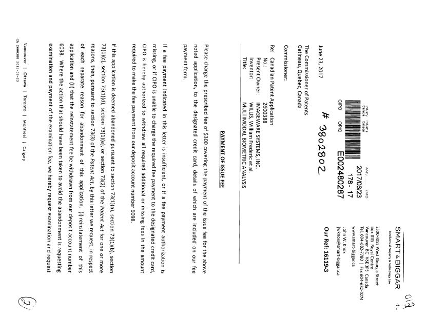 Canadian Patent Document 2600388. Correspondence 20161223. Image 1 of 2