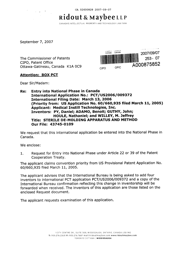 Document de brevet canadien 2600828. Cession 20070907. Image 1 de 4