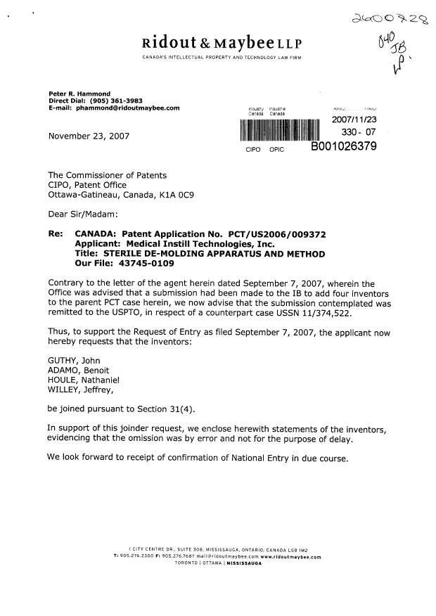 Canadian Patent Document 2600828. Correspondence 20071123. Image 1 of 6