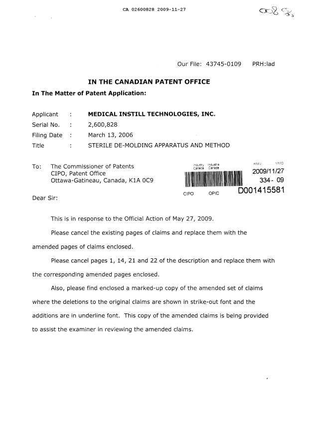 Document de brevet canadien 2600828. Poursuite-Amendment 20091127. Image 1 de 21