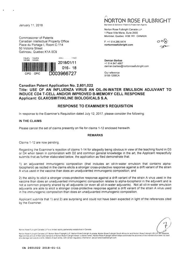 Document de brevet canadien 2601022. Modification 20180111. Image 1 de 7