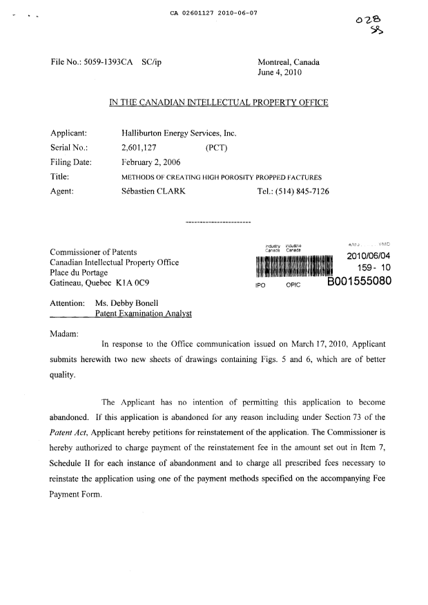Canadian Patent Document 2601127. Correspondence 20091207. Image 1 of 3