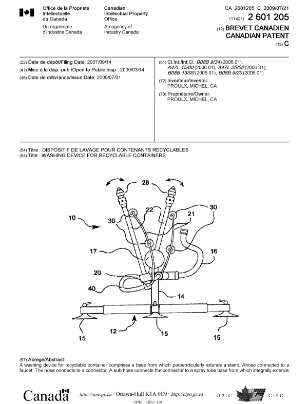 Document de brevet canadien 2601205. Page couverture 20081225. Image 1 de 2
