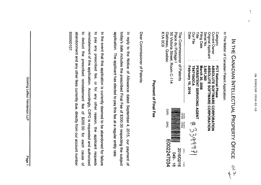 Document de brevet canadien 2601260. Correspondance 20151216. Image 1 de 2