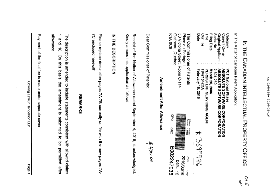 Document de brevet canadien 2601260. Poursuite-Amendment 20151216. Image 1 de 5