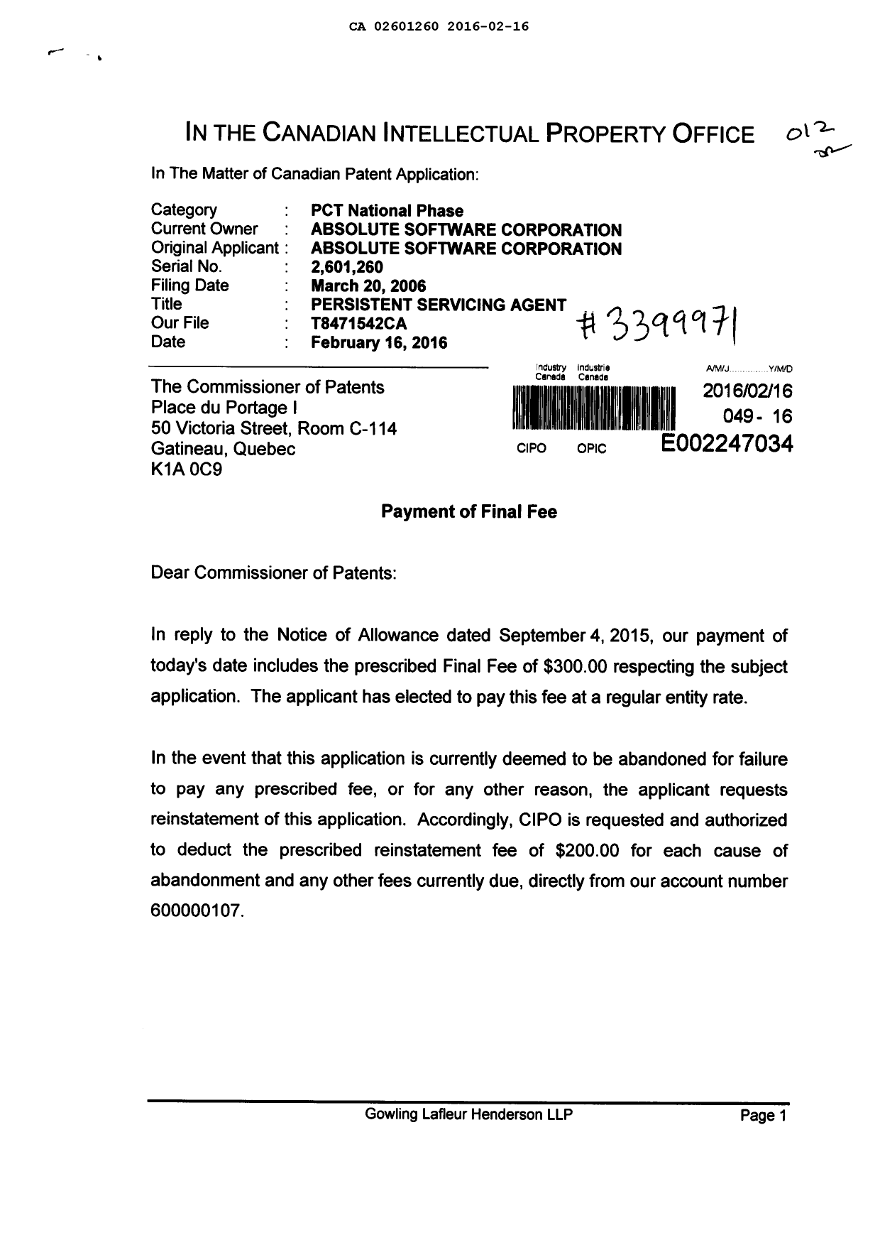 Document de brevet canadien 2601260. Correspondance 20151216. Image 1 de 2