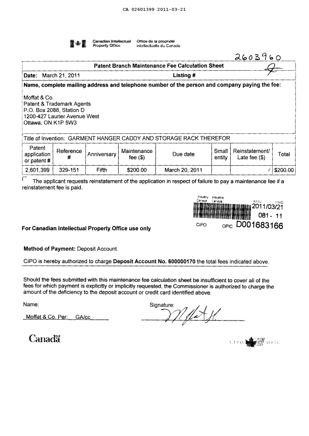 Canadian Patent Document 2601399. Fees 20110321. Image 1 of 1