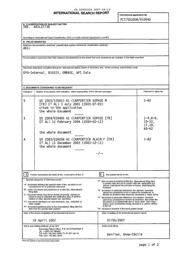 Canadian Patent Document 2601524. PCT 20061219. Image 1 of 3